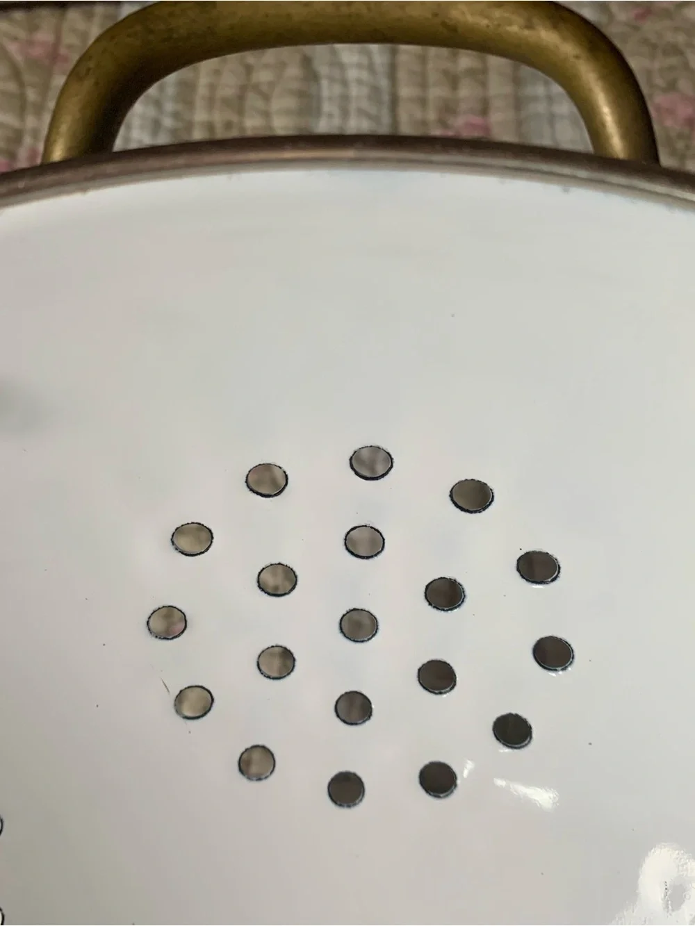 Vintage White Enamel stand Alone Colander with Brass Handles